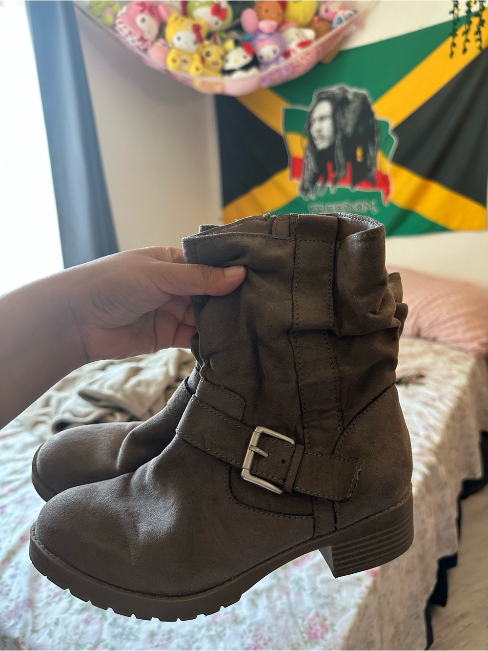 brown suede boots with buckle